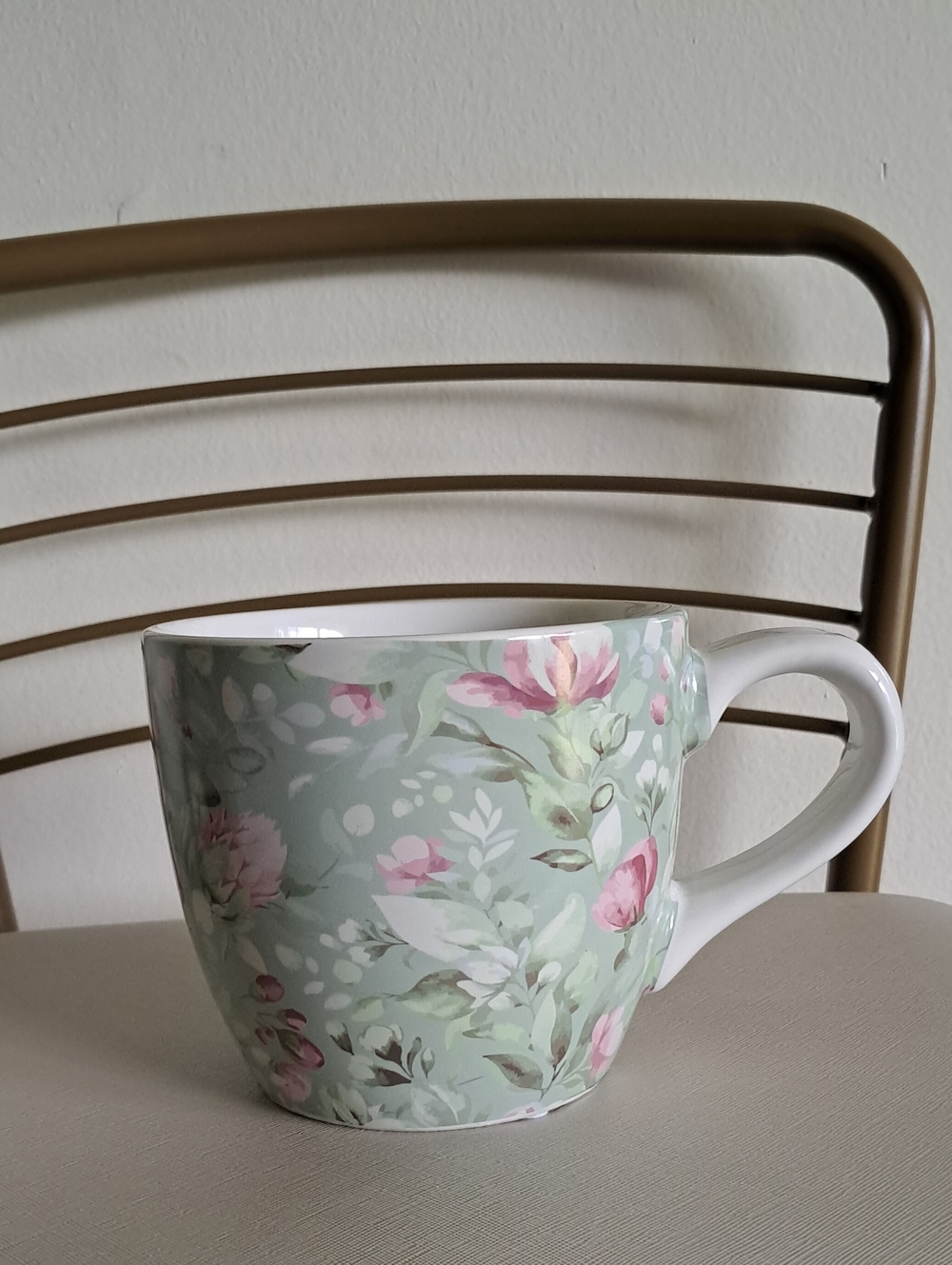 Floral Ceramic Planter Mug in Sage Green with Pink Blooms